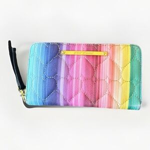 Betsy Johnson Zip Around Wallet Wristlet Pastel Stripes With Embroidered Hearts